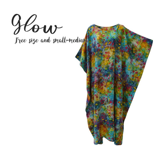 GLOW Vibrant Tie Dyed Leaf Kaftan Caftan Cool Soft Long Ladies Dress Plus Hand Printed