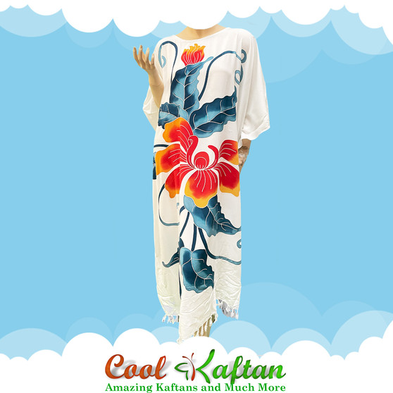 White Orchid Beautiful Black Hand Painted Flower Buttersoft Long Kaftan Dress - Freesize