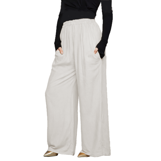 [Coolkaftan PALAZZO WHITE] Ladies Butter-soft  Rayon Wide Leg Elasticated Palazzo Trousers with 2 Pockets - Stretchable Waist