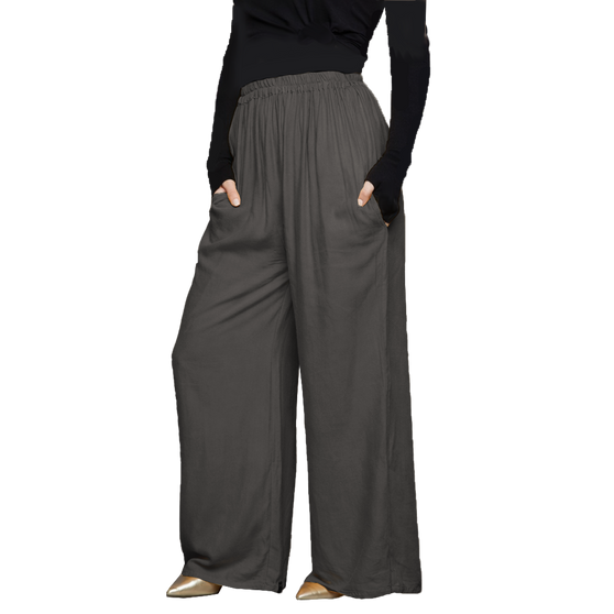 [Coolkaftan PALAZZO GREY] Ladies Butter-soft  Rayon Wide Leg Elasticated Palazzo Trousers with 2 Pockets - Stretchable Waist