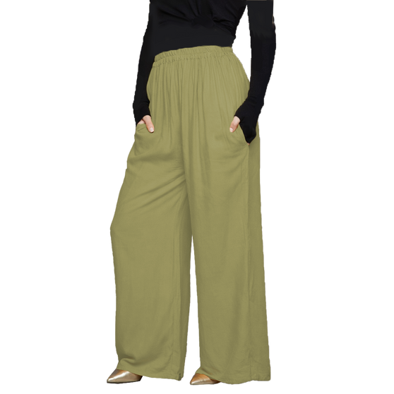 [Coolkaftan PALAZZO SILVER] Ladies Butter-soft  Rayon Wide Leg Elasticated Palazzo Trousers with 2 Pockets - Stretchable Waist