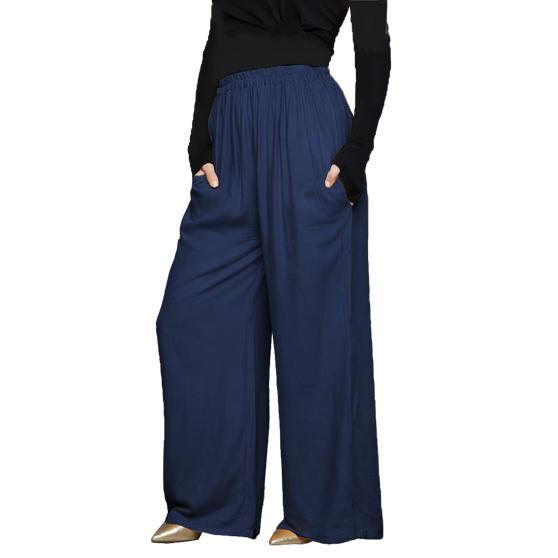 [Coolkaftan PALAZZO BLUE] Ladies Butter-soft  Rayon Wide Leg Elasticated Palazzo Trousers with 2 Pockets - Stretchable Waist