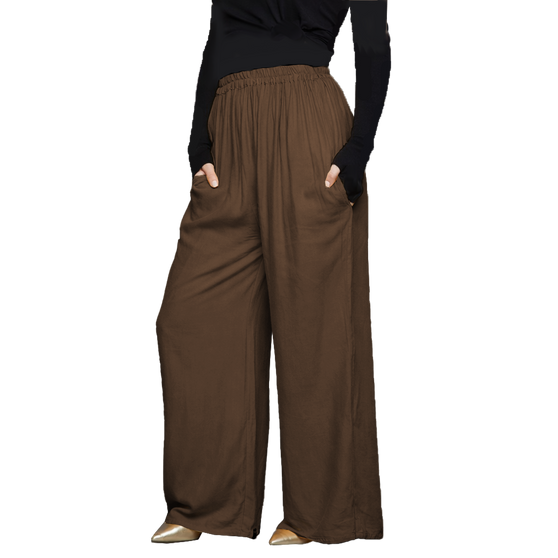 [Coolkaftan PALAZZO BROWN] Ladies Butter-soft  Rayon Wide Leg Elasticated Palazzo Trousers with 2 Pockets - Stretchable Waist