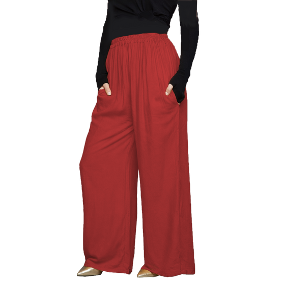 [Coolkaftan PALAZZO RED] Ladies Butter-soft  Rayon Wide Leg Elasticated Palazzo Trousers with 2 Pockets - Stretchable Waist