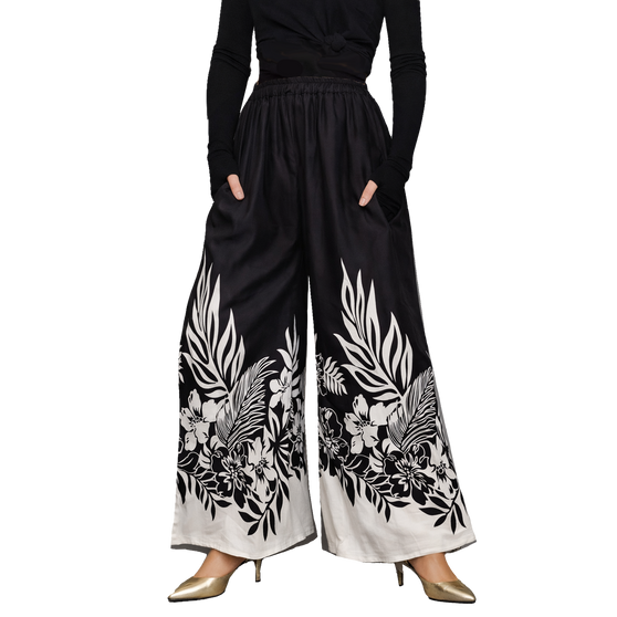 [Coolkaftan PALAZZO BLACK BATIK] Ladies Butter-soft  Rayon Wide Leg Elasticated Palazzo Trousers with 2 Pockets - Stretchable Waist
