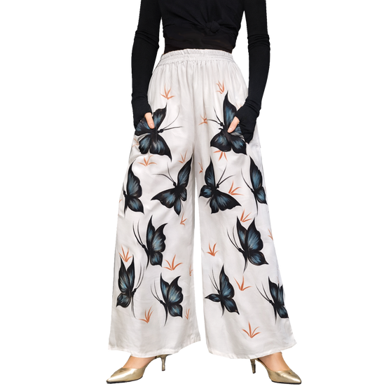 [Coolkaftan PALAZZO BUTTERFLY] Ladies Butter-soft  Rayon Wide Leg Elasticated Palazzo Trousers with 2 Pockets - Stretchable Waist
