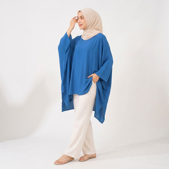 Plain Colour TOP Poncho Blouse Buttersoft Wide Sleeved Rayon Kaftan  - Freesize