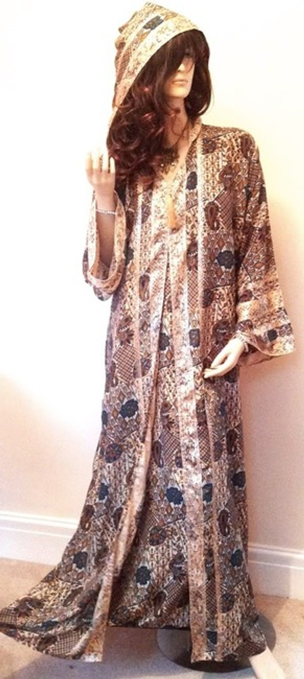 Moroccan Blue Gold Hooded Long Silky Long Abaya Kaftan Dress S M L XL