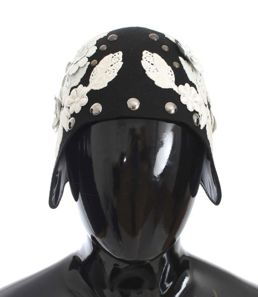 Black Wool White Floral Gold Leaf Hat Black Wool White Floral Gold Leaf Hat