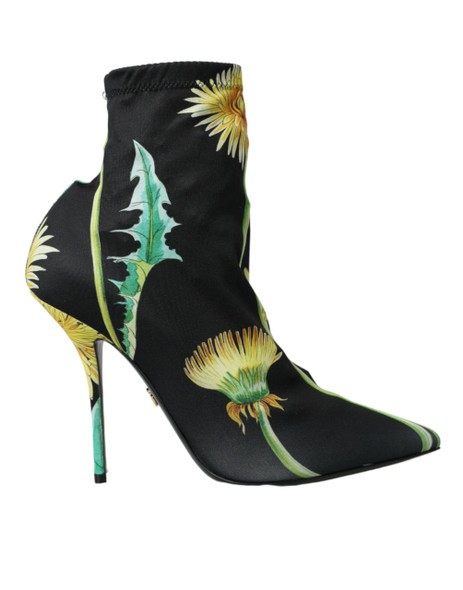 Black Floral Jersey Stretch Ankle Boots Shoes Black Floral Jersey Stretch Ankle Boots Shoes