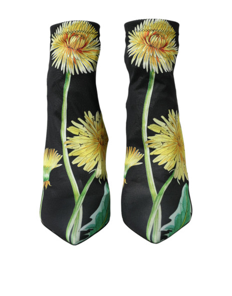 Black Floral Jersey Stretch Ankle Boots Shoes Black Floral Jersey Stretch Ankle Boots Shoes