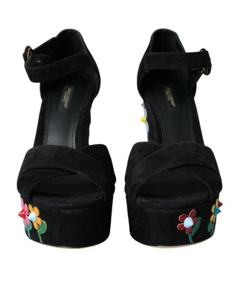 Dolce & Gabbana Black Floral Ankle Strap Heels Sandals Shoes Dolce & Gabbana Black Floral Ankle Strap Heels Sandals Shoes
