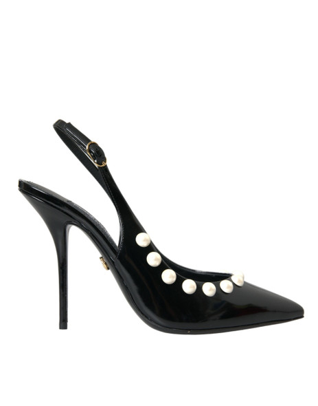 Dolce & Gabbana Black Leather Faux Pearl Heel Slingback Shoes Dolce & Gabbana Black Leather Faux Pearl Heel Slingback Shoes