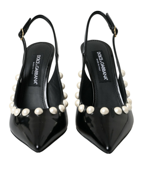Dolce & Gabbana Black Leather Faux Pearl Heel Slingback Shoes Dolce & Gabbana Black Leather Faux Pearl Heel Slingback Shoes