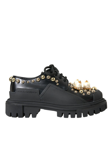 Black Leather Trekking Derby Embellished Shoes Black Leather Trekking Derby Embellished Shoes
