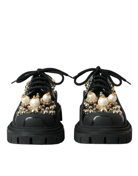 Black Leather Trekking Derby Embellished Shoes Black Leather Trekking Derby Embellished Shoes