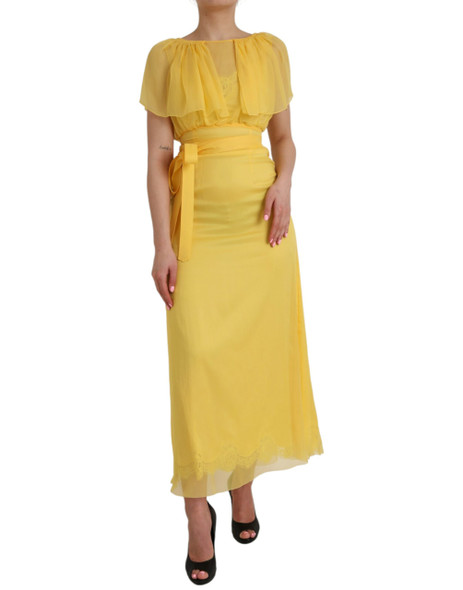 Yellow Silk Sheath Belted Long Maxi Dress Yellow Silk Sheath Belted Long Maxi Dress