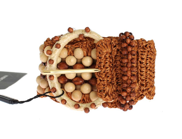 Brown Raffia Wood Beaded Wide Waist Belt Brown Raffia Wood Beaded Wide Waist Belt