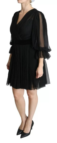 Dolce & Gabbana Black Mesh Pleated Mini Silk Blend Dress Dolce & Gabbana Black Mesh Pleated Mini Silk Blend Dress