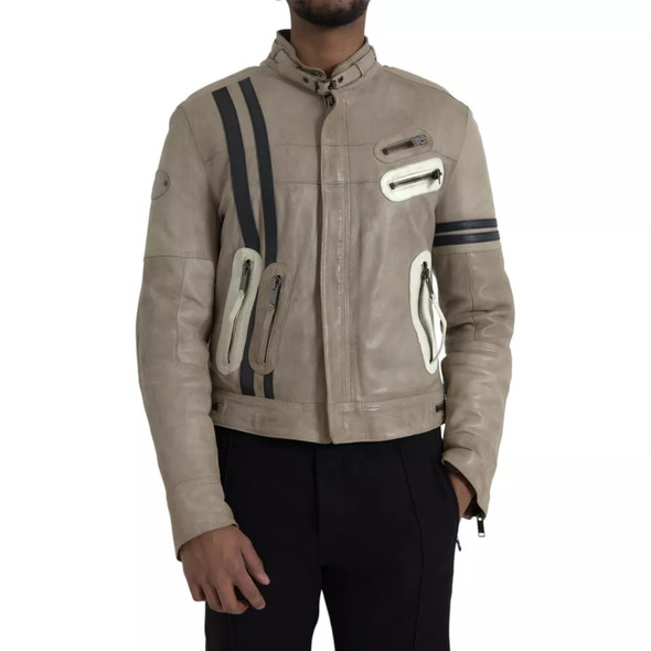 Dolce & Gabbana Beige Leather Full Zip Biker Coat Jacket Dolce & Gabbana Beige Leather Full Zip Biker Coat Jacket