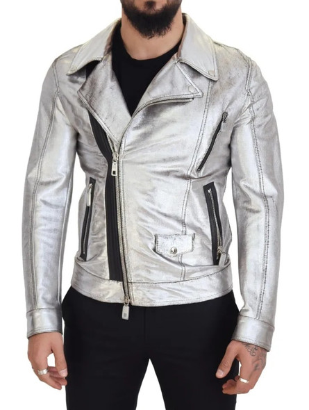 Dolce & Gabbana Silver Leather Biker Coat Lambskin Jacket Dolce & Gabbana Silver Leather Biker Coat Lambskin Jacket