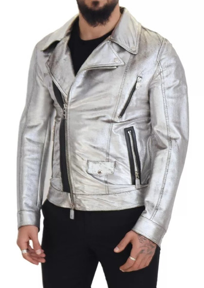 Dolce & Gabbana Silver Leather Biker Coat Lambskin Jacket Dolce & Gabbana Silver Leather Biker Coat Lambskin Jacket