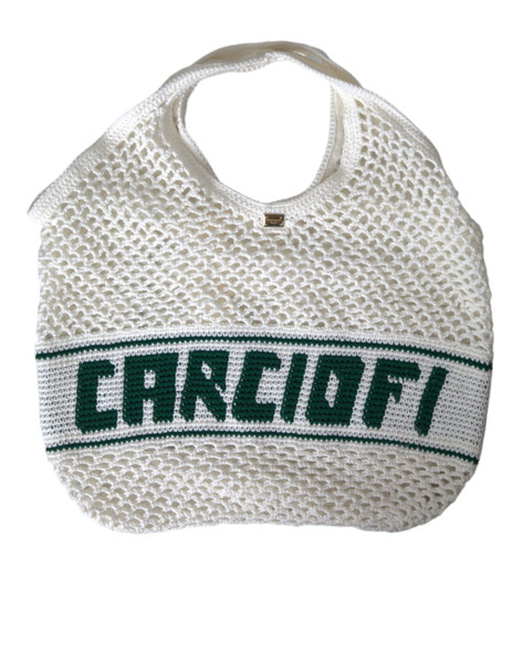 White Green Knitted Cotton Logo Shopping Tote Bag White Green Knitted Cotton Logo Shopping Tote Bag