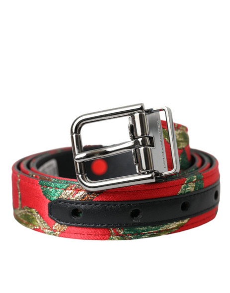 Dolce & Gabbana Red Leather Jacquard Silver Metal Buckle Belt Dolce & Gabbana Red Leather Jacquard Silver Metal Buckle Belt