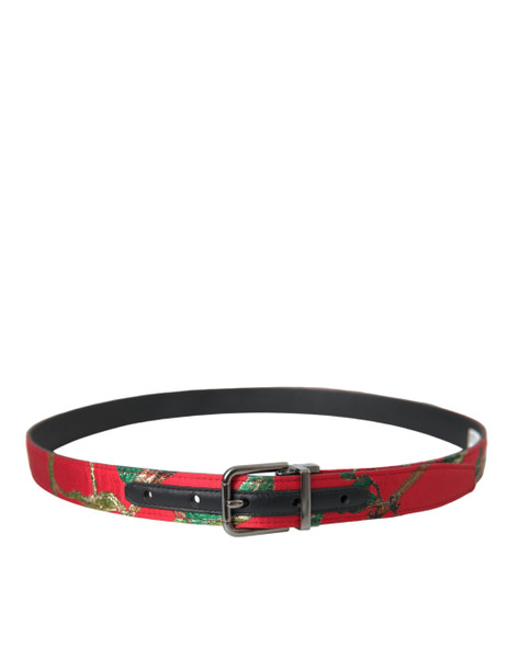 Dolce & Gabbana Red Leather Jacquard Silver Metal Buckle Belt Dolce & Gabbana Red Leather Jacquard Silver Metal Buckle Belt