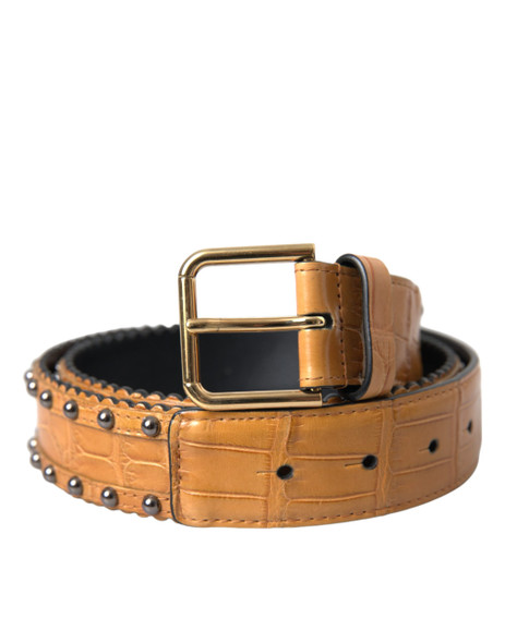 Beige Alligator Leather Studded Metal Buckle Belt Beige Alligator Leather Studded Metal Buckle Belt