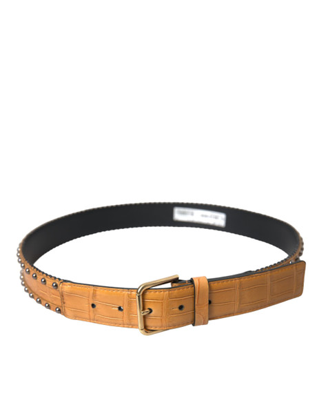 Beige Alligator Leather Studded Metal Buckle Belt Beige Alligator Leather Studded Metal Buckle Belt