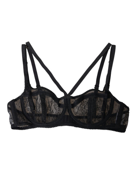Dolce & Gabbana Black Floral Lace Nylon Balconcino Bra Underwear Dolce & Gabbana Black Floral Lace Nylon Balconcino Bra Underwear
