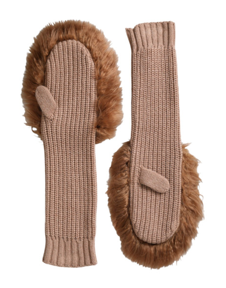 Brown Cashmere Knitted Fur Mid Arm Mitten Gloves Brown Cashmere Knitted Fur Mid Arm Mitten Gloves