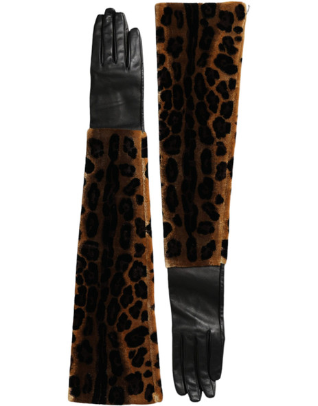 Brown Black Leopard Leather Elbow Length Gloves Brown Black Leopard Leather Elbow Length Gloves