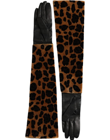 Brown Black Leopard Leather Elbow Length Gloves Brown Black Leopard Leather Elbow Length Gloves