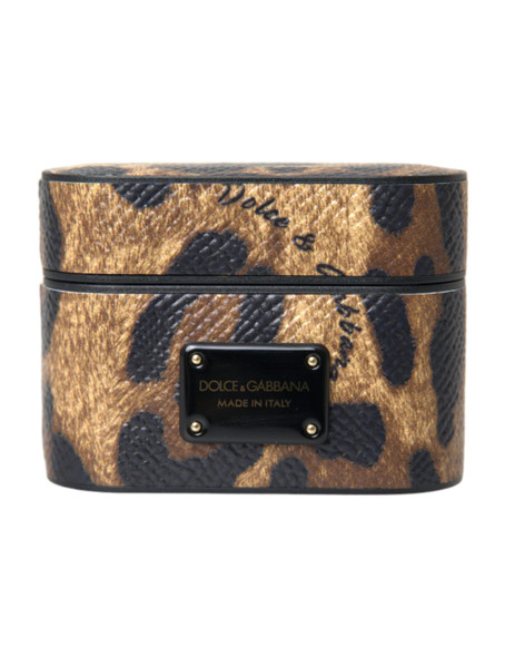 Brown Leopard Calf Leather Metal Logo Plaque Airpods Case Brown Leopard Calf Leather Metal Logo Plaque Airpods Case
