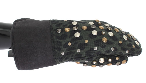 Gray Wool Shearling Studded Green Leopard Gloves Gray Wool Shearling Studded Green Leopard Gloves