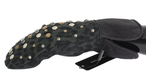 Gray Wool Shearling Studded Green Leopard Gloves Gray Wool Shearling Studded Green Leopard Gloves
