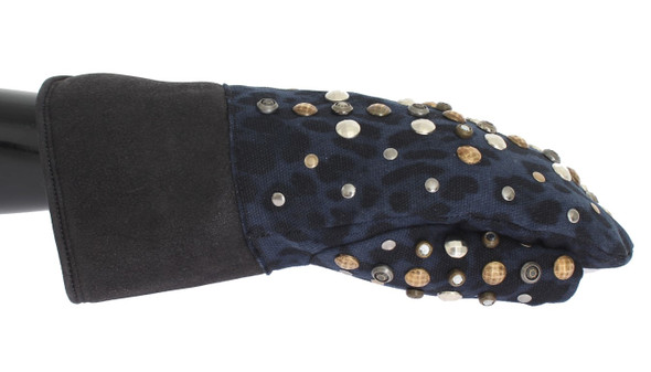 Dolce & Gabbana Gray Wool Shearling Studded Blue Leopard Gloves Dolce & Gabbana Gray Wool Shearling Studded Blue Leopard Gloves