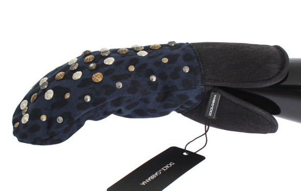 Gray Wool Shearling Studded Blue Leopard Gloves Gray Wool Shearling Studded Blue Leopard Gloves
