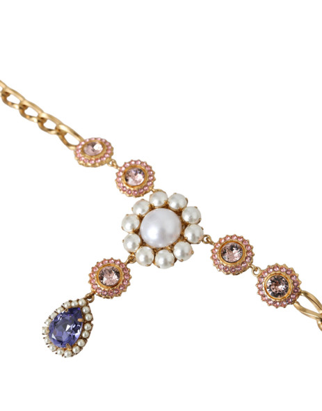 Dolce & Gabbana Gold Brass Crystal Purple Pink Pearl Pendants Necklace SMY10288 Dolce & Gabbana Gold Brass Crystal Purple Pink Pearl Pendants Necklace SMY10288