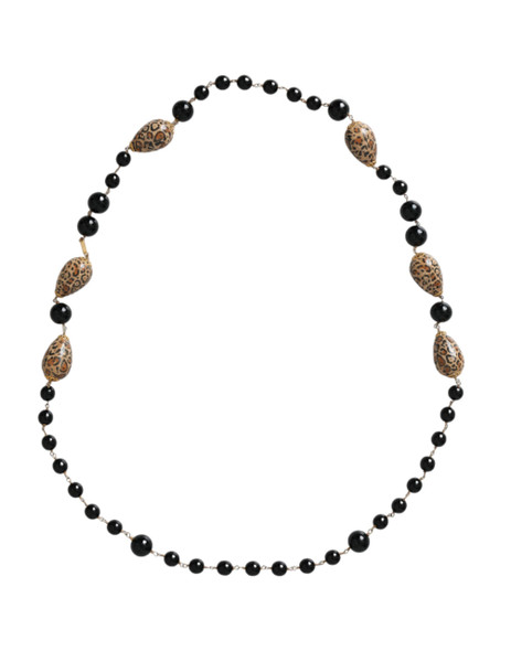 Gold Tone Brass Black Printed Beaded Long Chain Necklace Gold Tone Brass Black Printed Beaded Long Chain Necklace