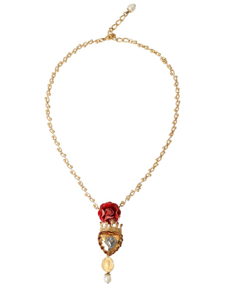 Gold BrassChain Sacred Heart Rose Crystal Charm Necklace Gold BrassChain Sacred Heart Rose Crystal Charm Necklace
