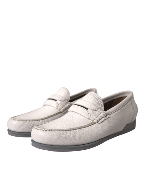 Dolce & Gabbana White Gray Leather Slip Mocassin Shoes Loafer Dolce & Gabbana White Gray Leather Slip Mocassin Shoes Loafer