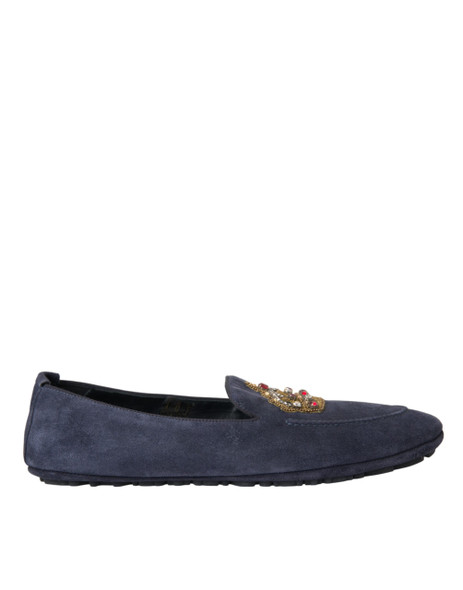 Blue Leather Suede Crystal Crown Loafers Shoes Blue Leather Suede Crystal Crown Loafers Shoes
