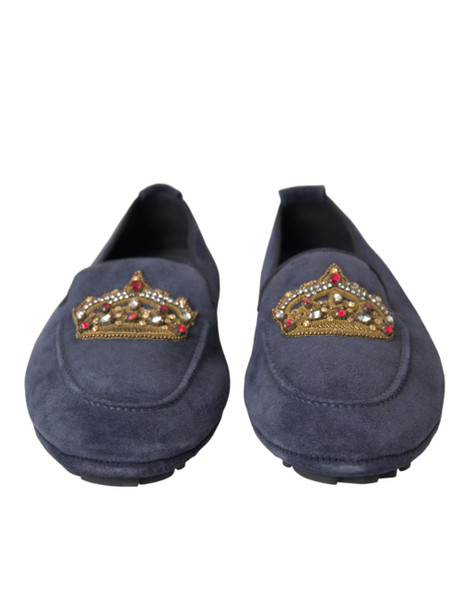 Blue Leather Suede Crystal Crown Loafers Shoes Blue Leather Suede Crystal Crown Loafers Shoes