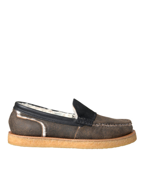 Dolce & Gabbana Brown Black Fur Leather Loafers Men Shoes Dolce & Gabbana Brown Black Fur Leather Loafers Men Shoes
