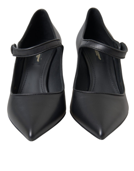Black Leather Logo Heels Mary Janes Pumps Shoes LA10961 Black Leather Logo Heels Mary Janes Pumps Shoes LA10961
