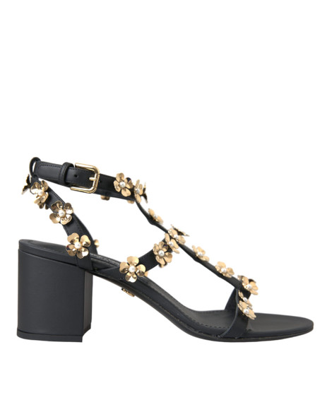 Dolce & Gabbana Black Leather Embellished Heel Sandal Shoes Dolce & Gabbana Black Leather Embellished Heel Sandal Shoes