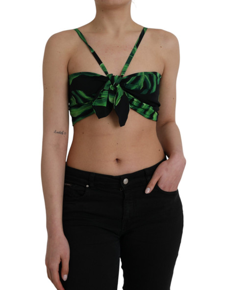 Dolce & Gabbana Black Green Leaf Silk Halter Cropped Top TSH8080 Dolce & Gabbana Black Green Leaf Silk Halter Cropped Top TSH8080